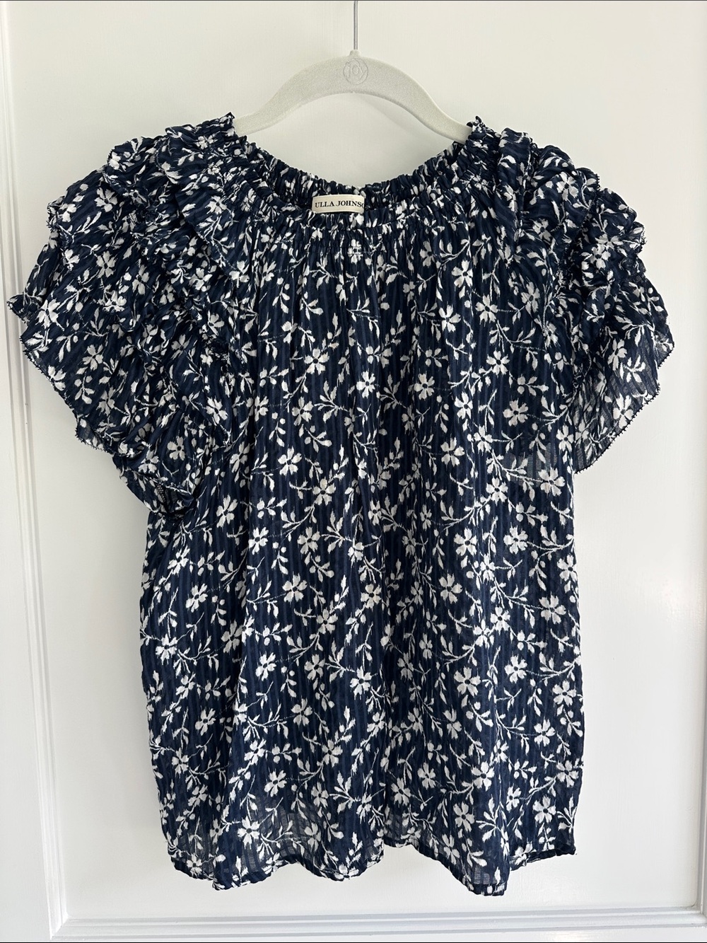 Ulla Johnson Navy and White Floral Ruffle Sleeve Blouse
